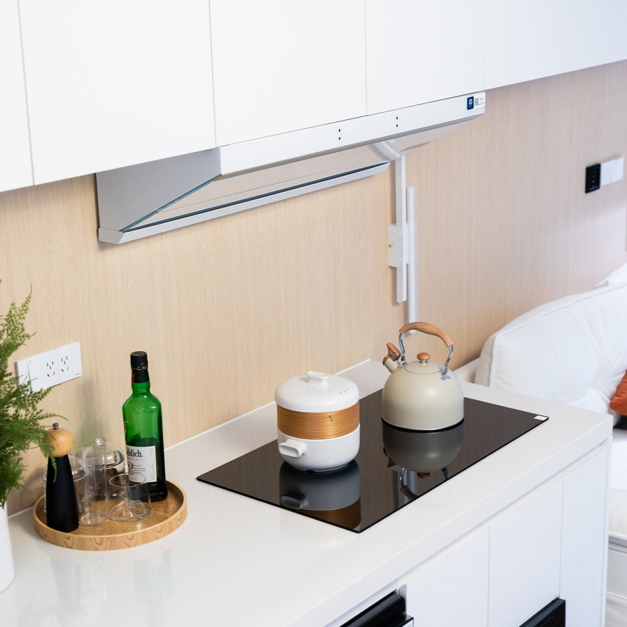 Kitchen, bedroom and bathroom details.