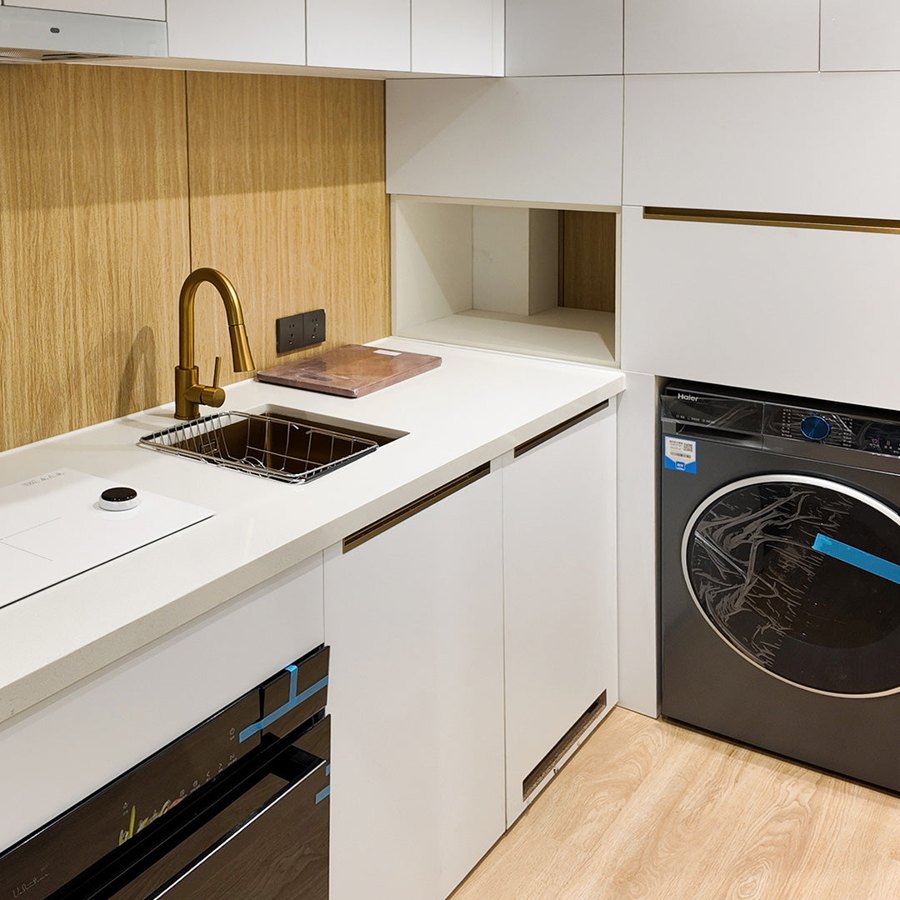 Kitchen, bedroom and bathroom details.